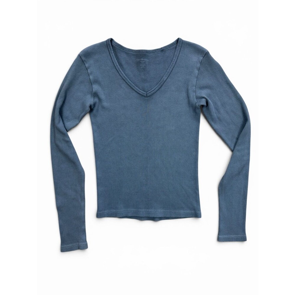 Brandy Melville Ribbed Long Sleeve V-Neck Top Slate Gray One Size